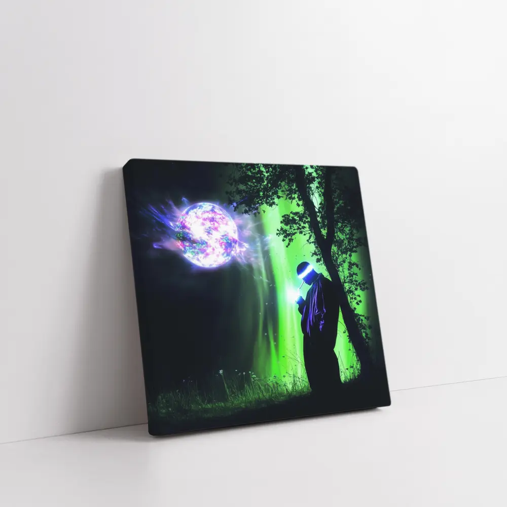 Cyberpunk Wizard Glowing Orb Dark Forest – Wall Art