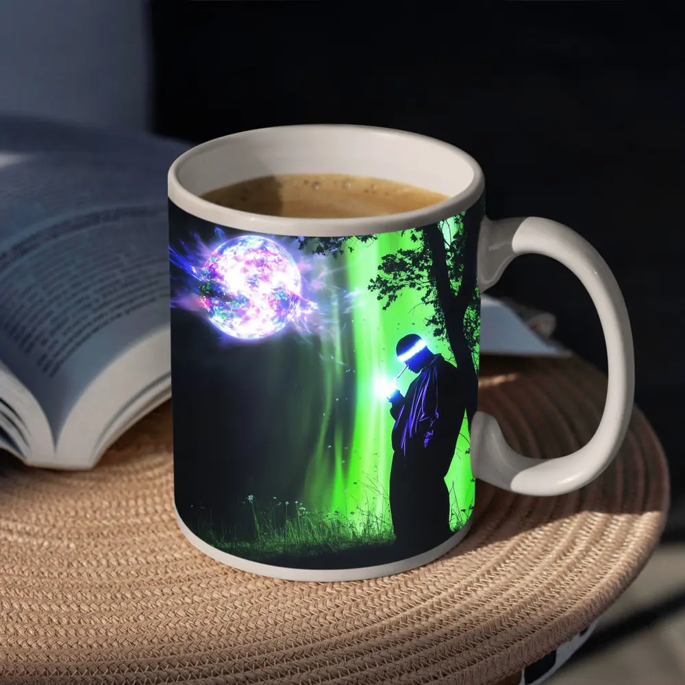 Cyberpunk Wizard Glowing Orb Dark Forest – Mugs