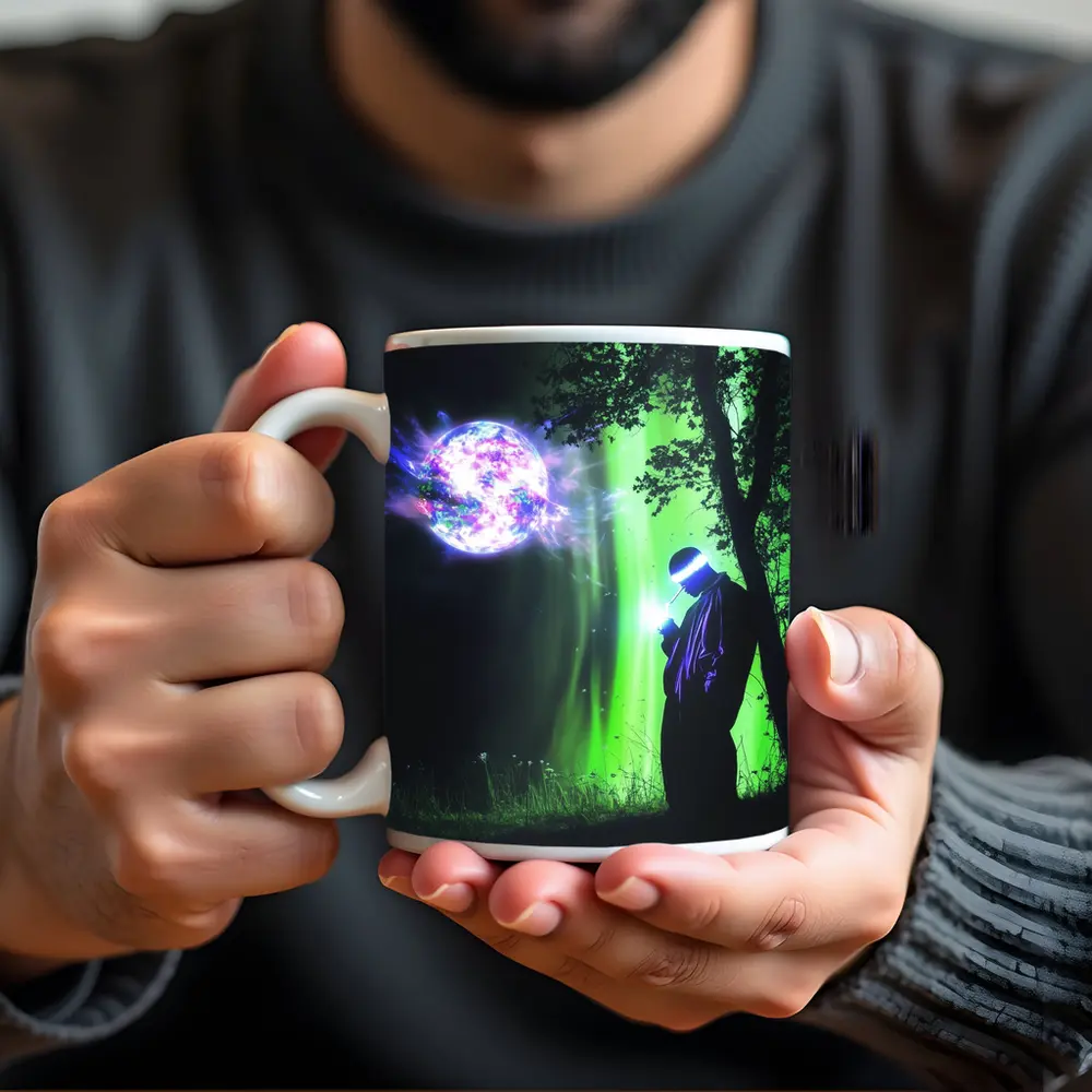 Cyberpunk Wizard Glowing Orb Dark Forest – Mugs