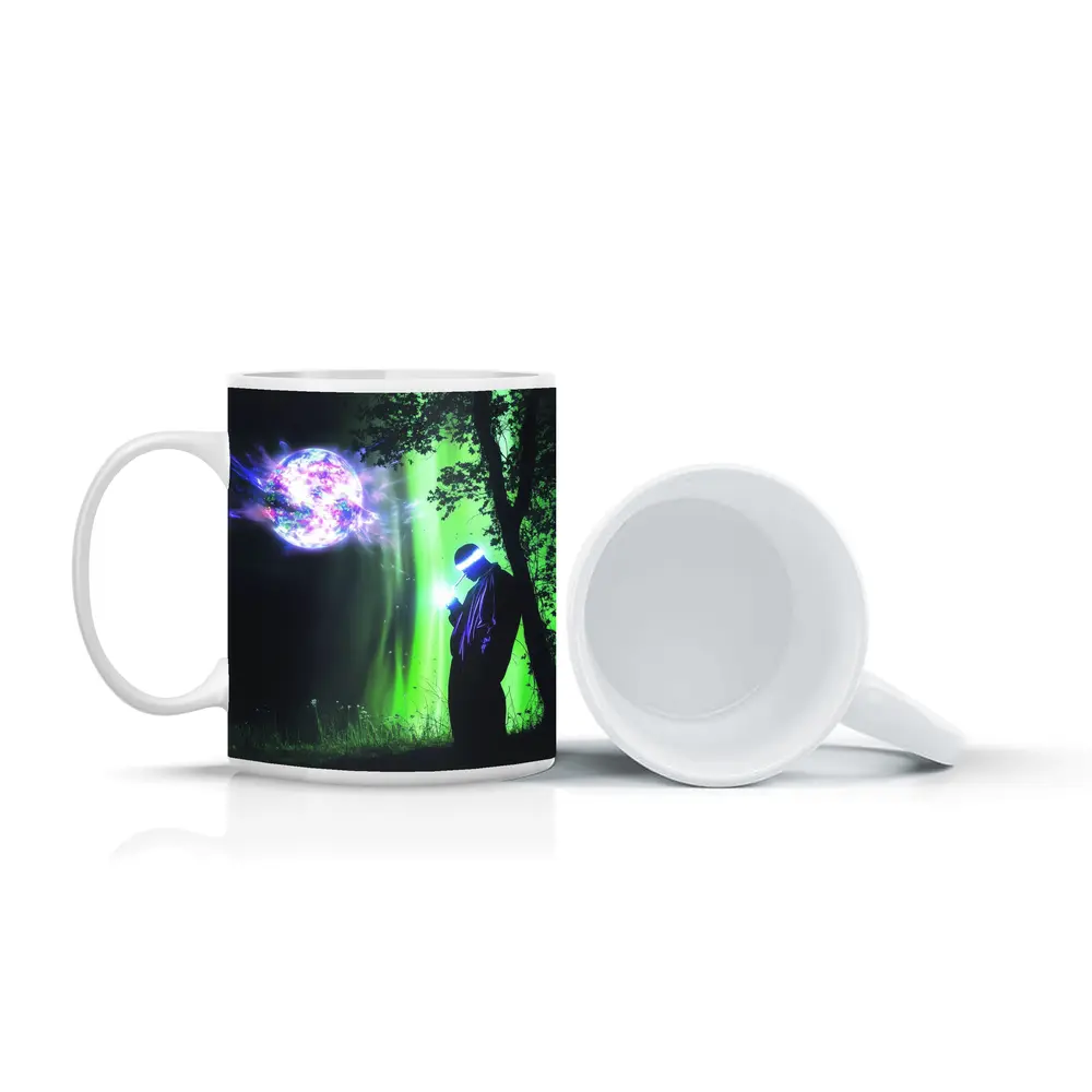 Cyberpunk Wizard Glowing Orb Dark Forest – Mugs