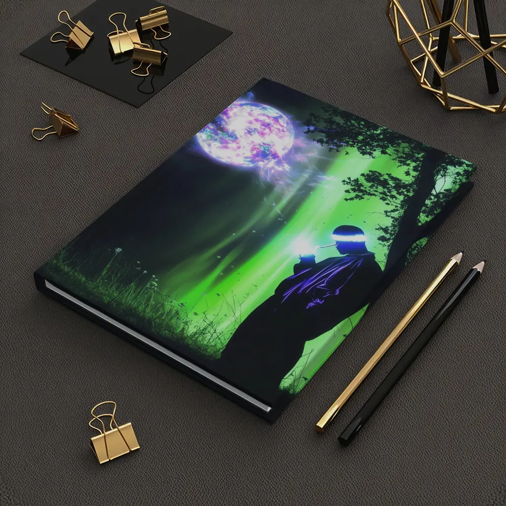 Cyberpunk Wizard Glowing Orb Dark Forest – Notebooks