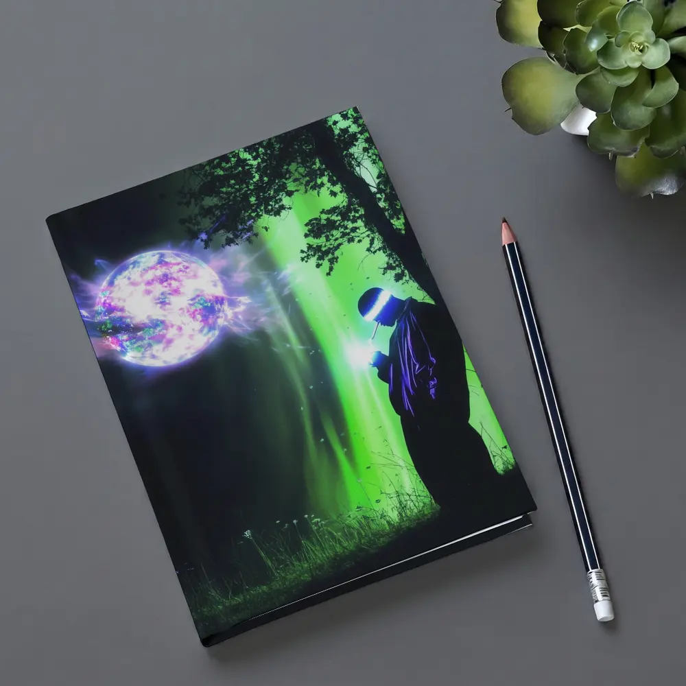 Cyberpunk Wizard Glowing Orb Dark Forest – Notebooks
