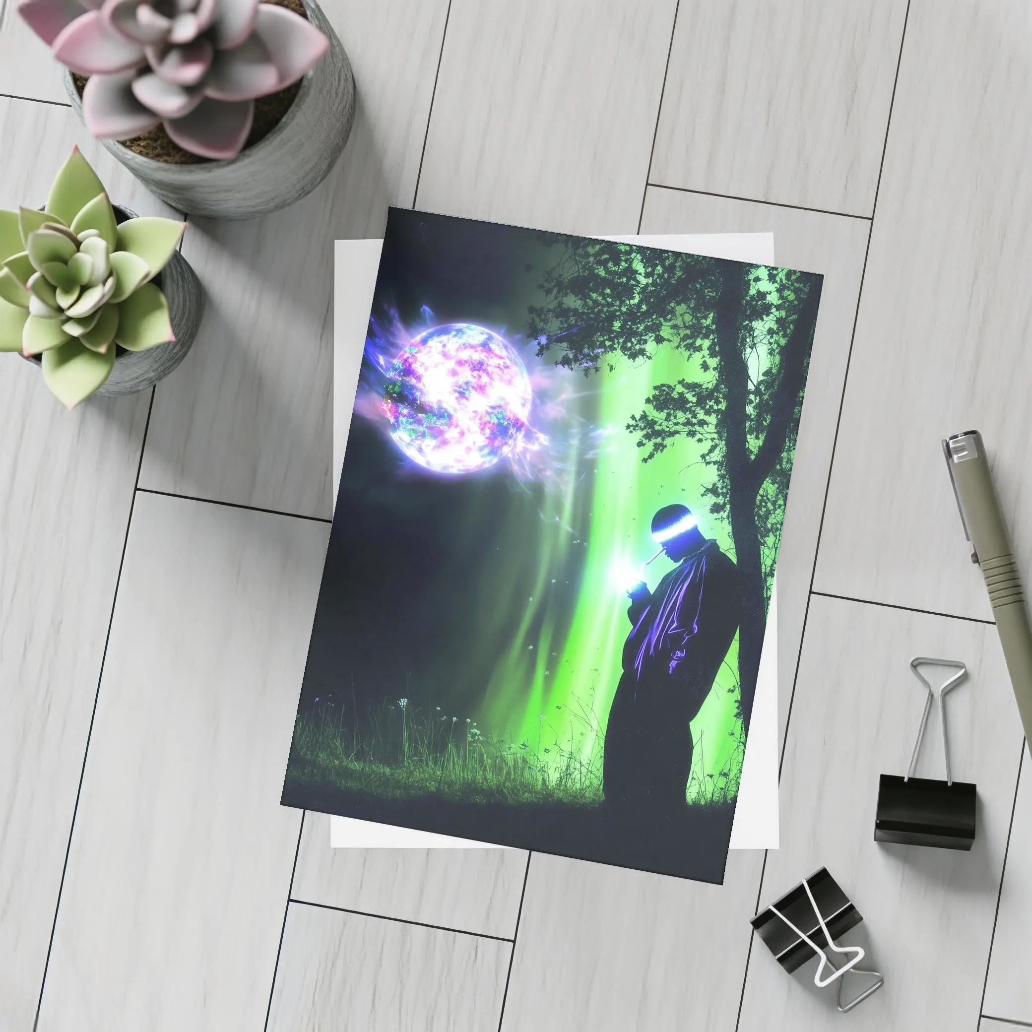 Cyberpunk Wizard Glowing Orb Dark Forest – Postcards
