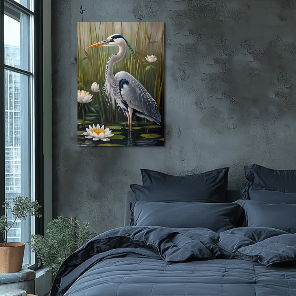 Great Blue Heron Standing Among Water Lilies – Wall Art