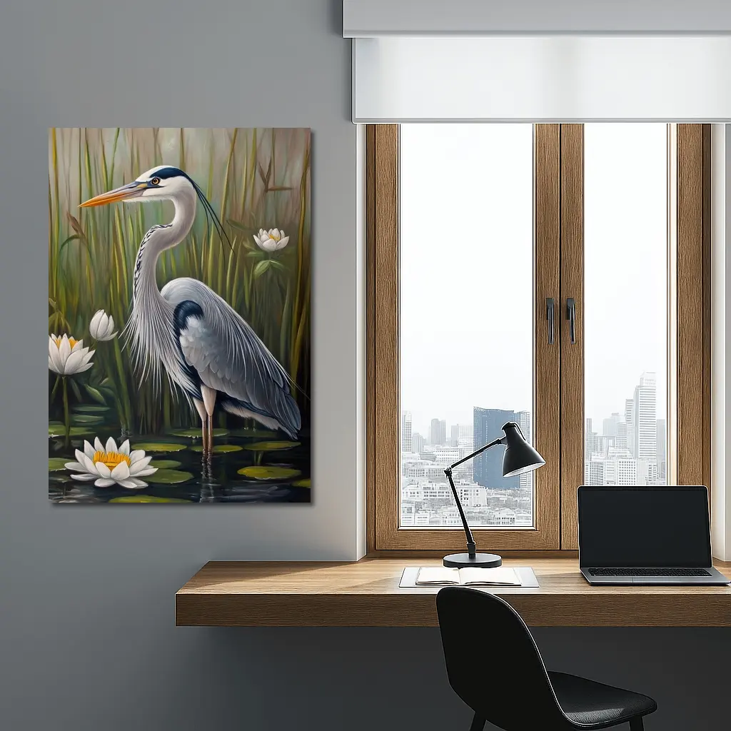 Great Blue Heron Standing Among Water Lilies – Wall Art