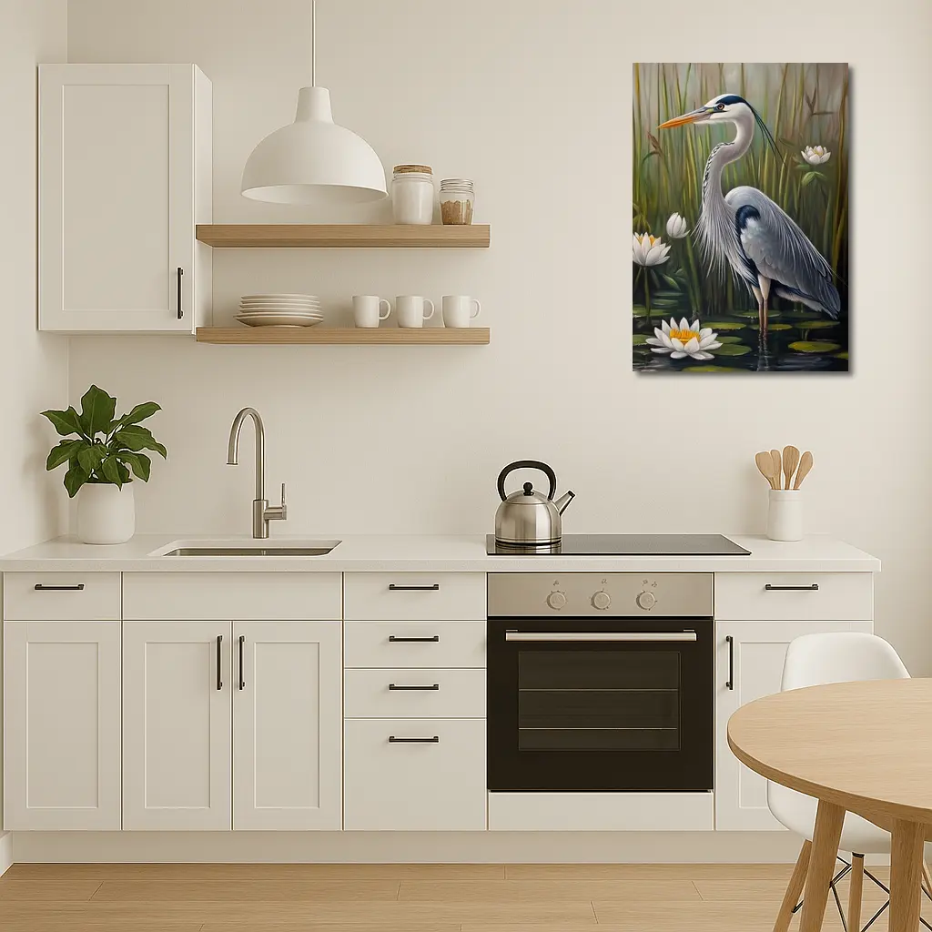 Great Blue Heron Standing Among Water Lilies – Wall Art