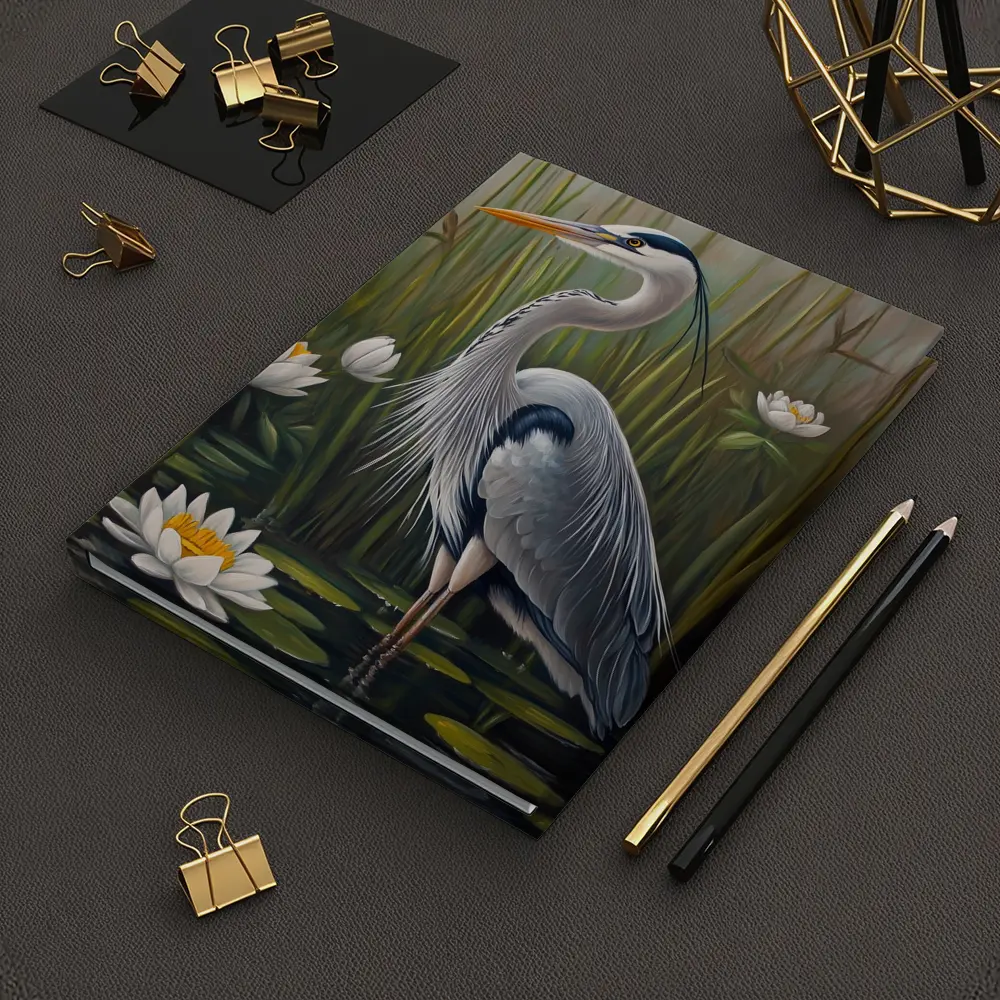 Great Blue Heron Standing Among Water Lilies – Notebooks