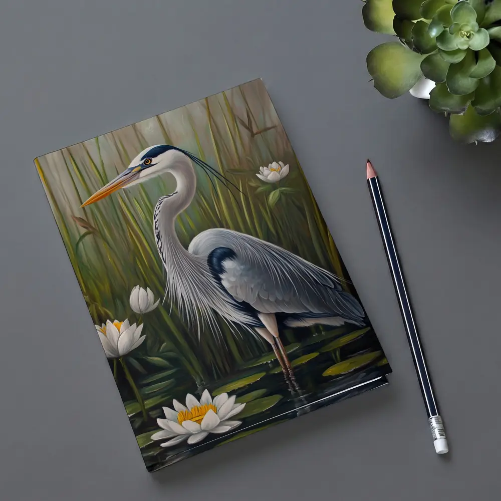 Great Blue Heron Standing Among Water Lilies – Notebooks