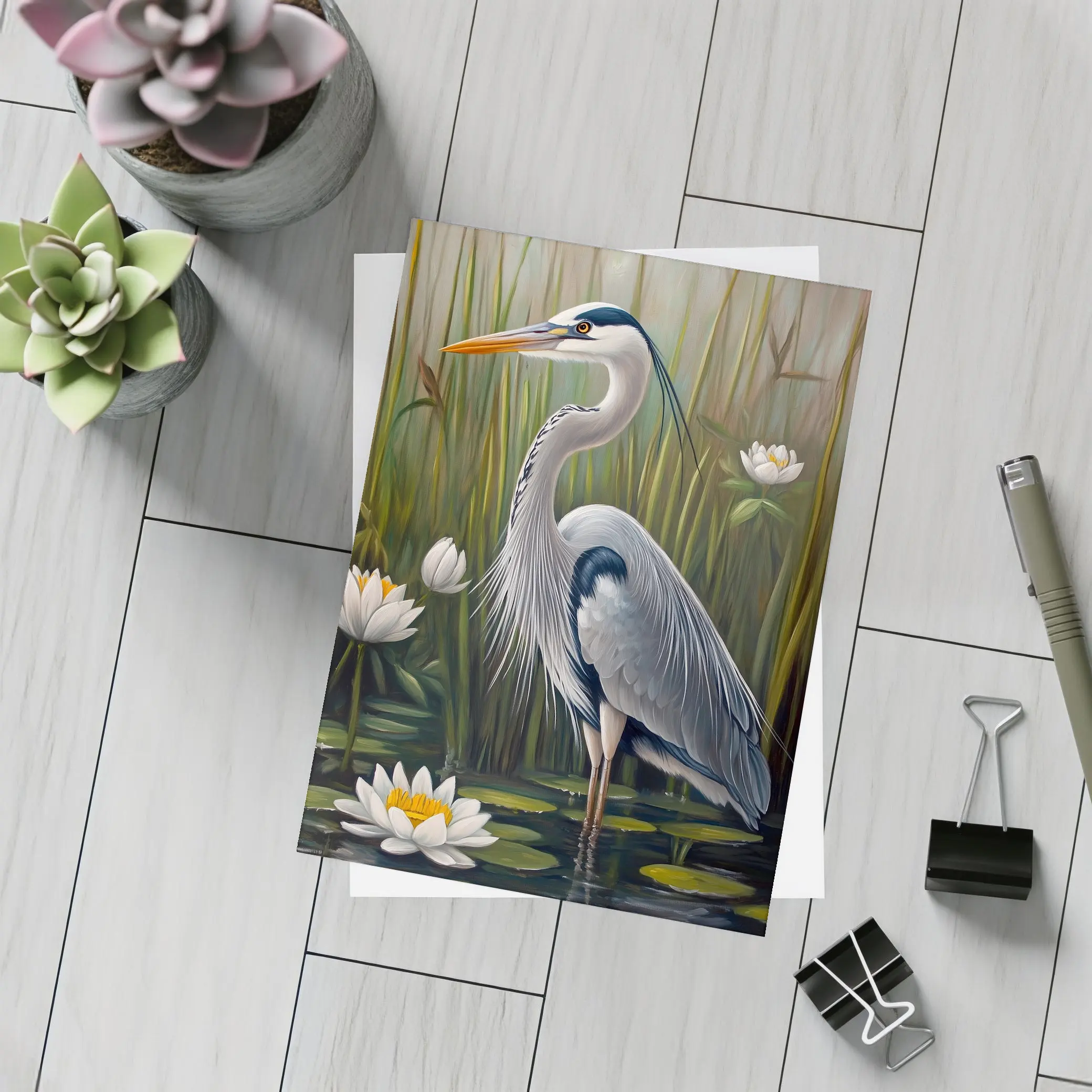 Great Blue Heron Standing Among Water Lilies – Postcards
