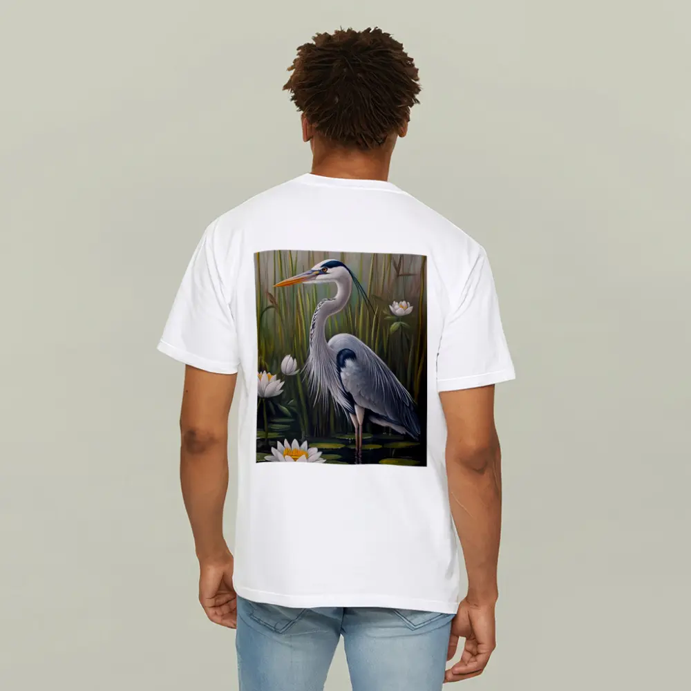 Great Blue Heron Standing Among Water Lilies – T-Shirts