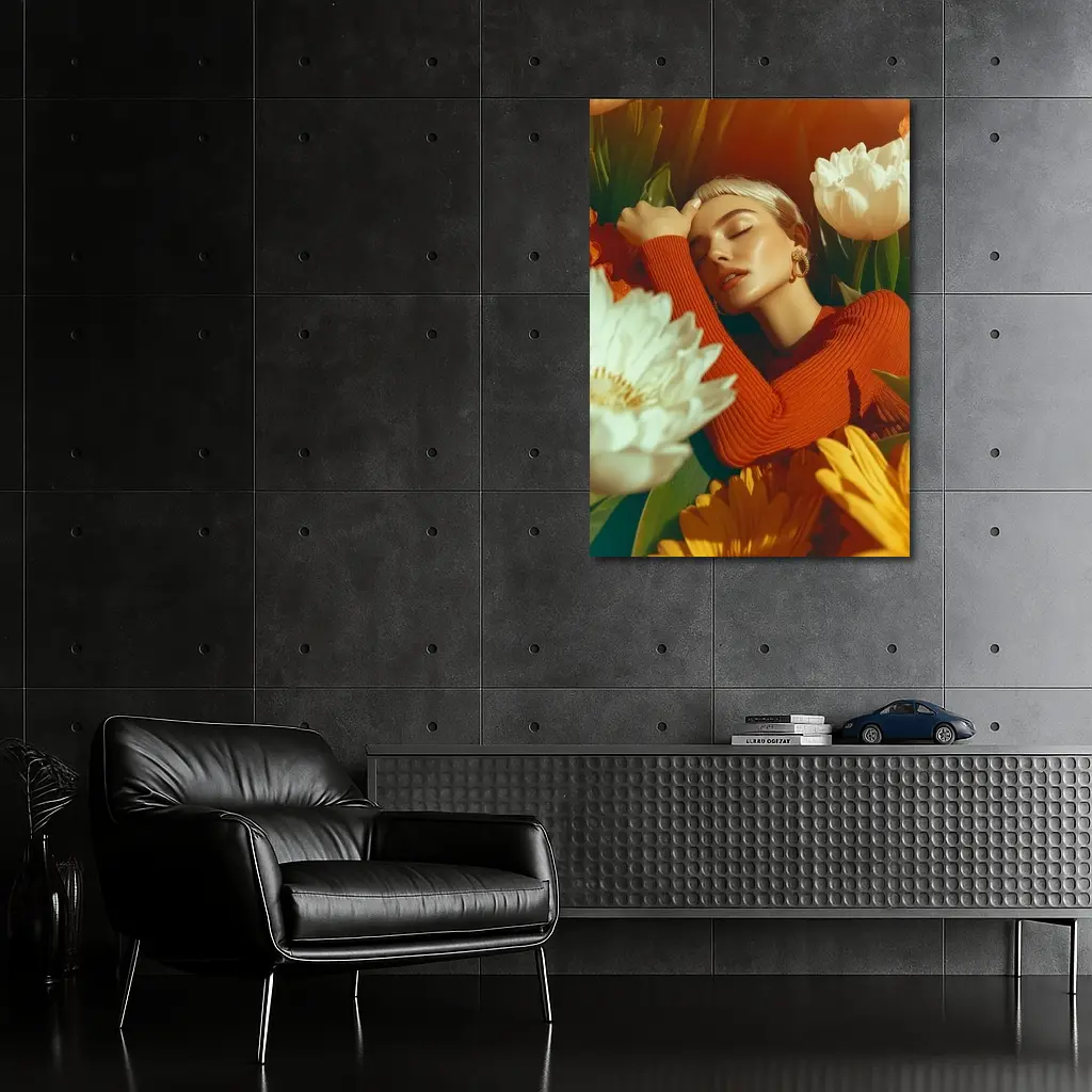 Woman Surrounded By White Yellow Flowers – Wall Art