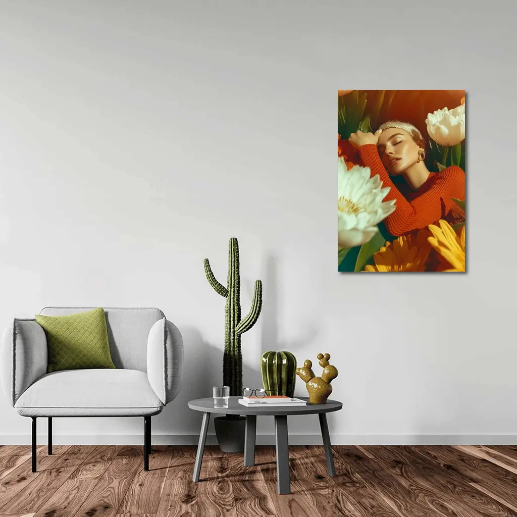 Woman Surrounded By White Yellow Flowers – Wall Art