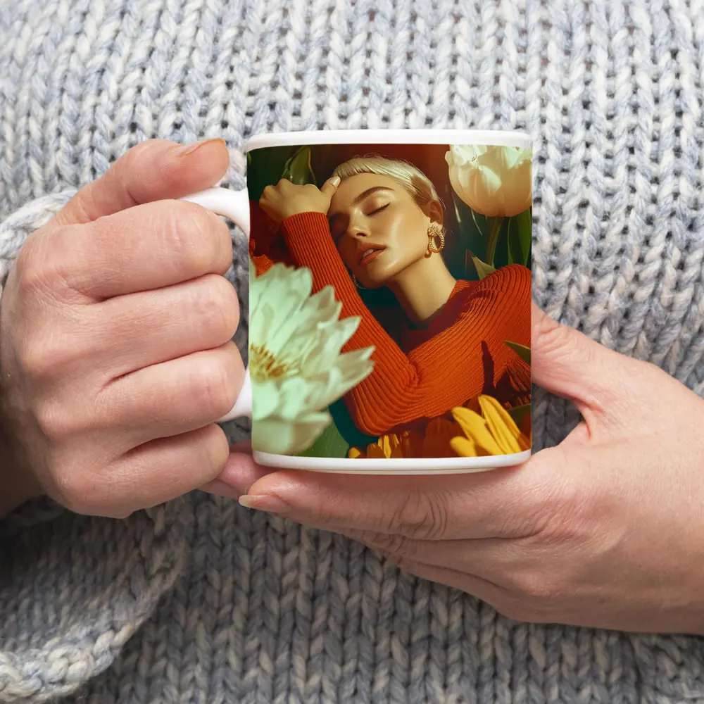Woman Surrounded By White Yellow Flowers – Mugs