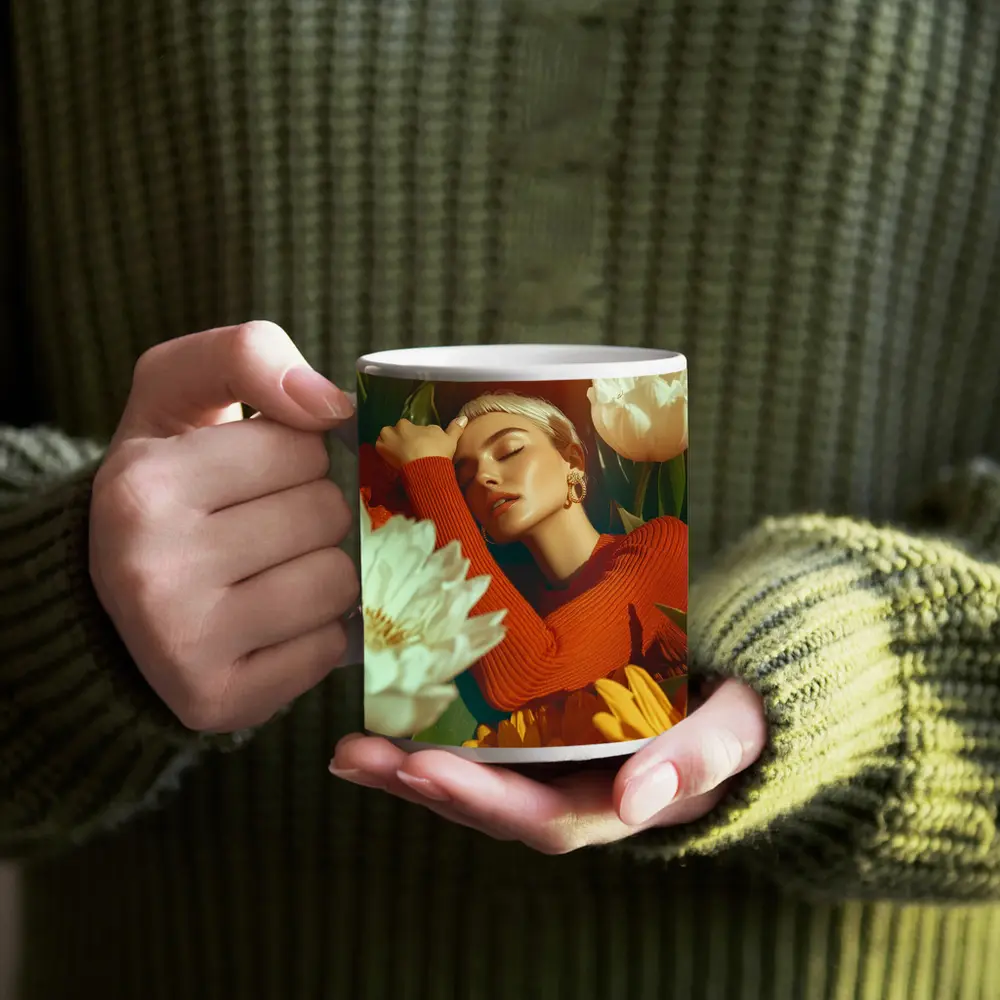 Woman Surrounded By White Yellow Flowers – Mugs
