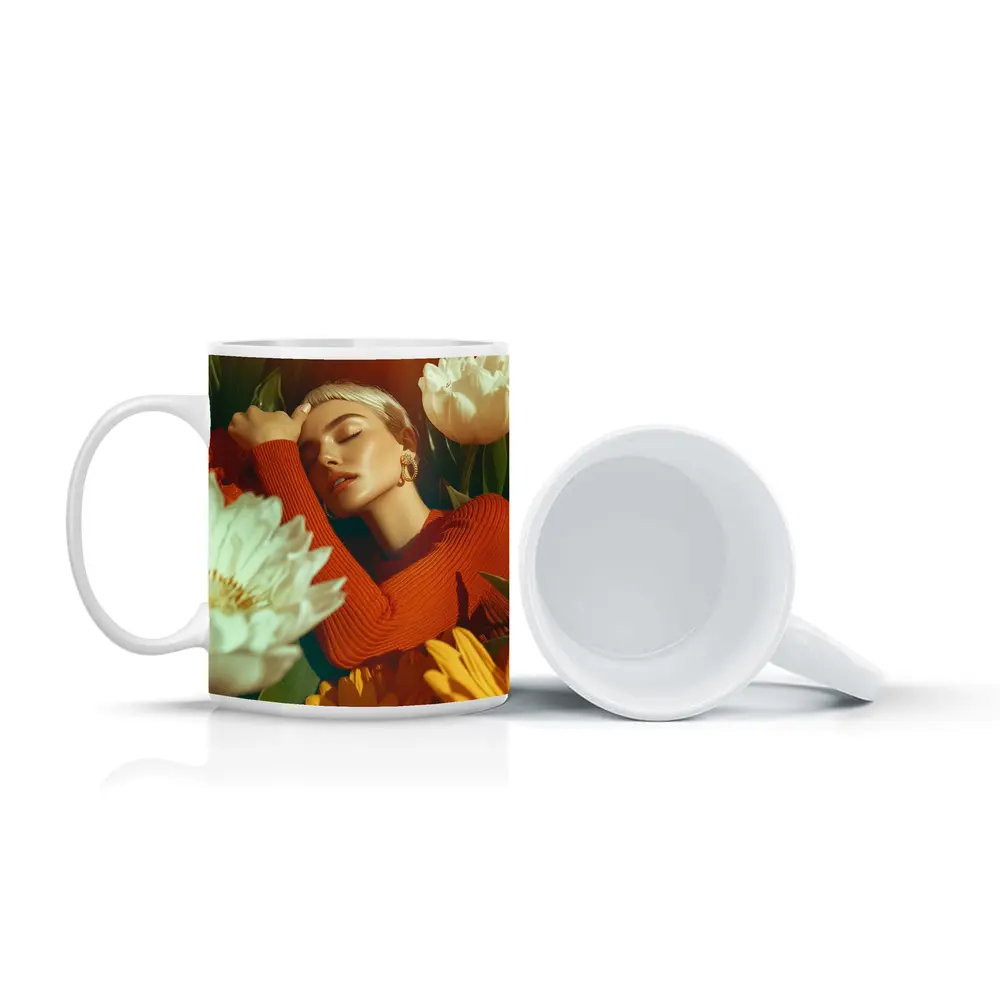 Woman Surrounded By White Yellow Flowers – Mugs