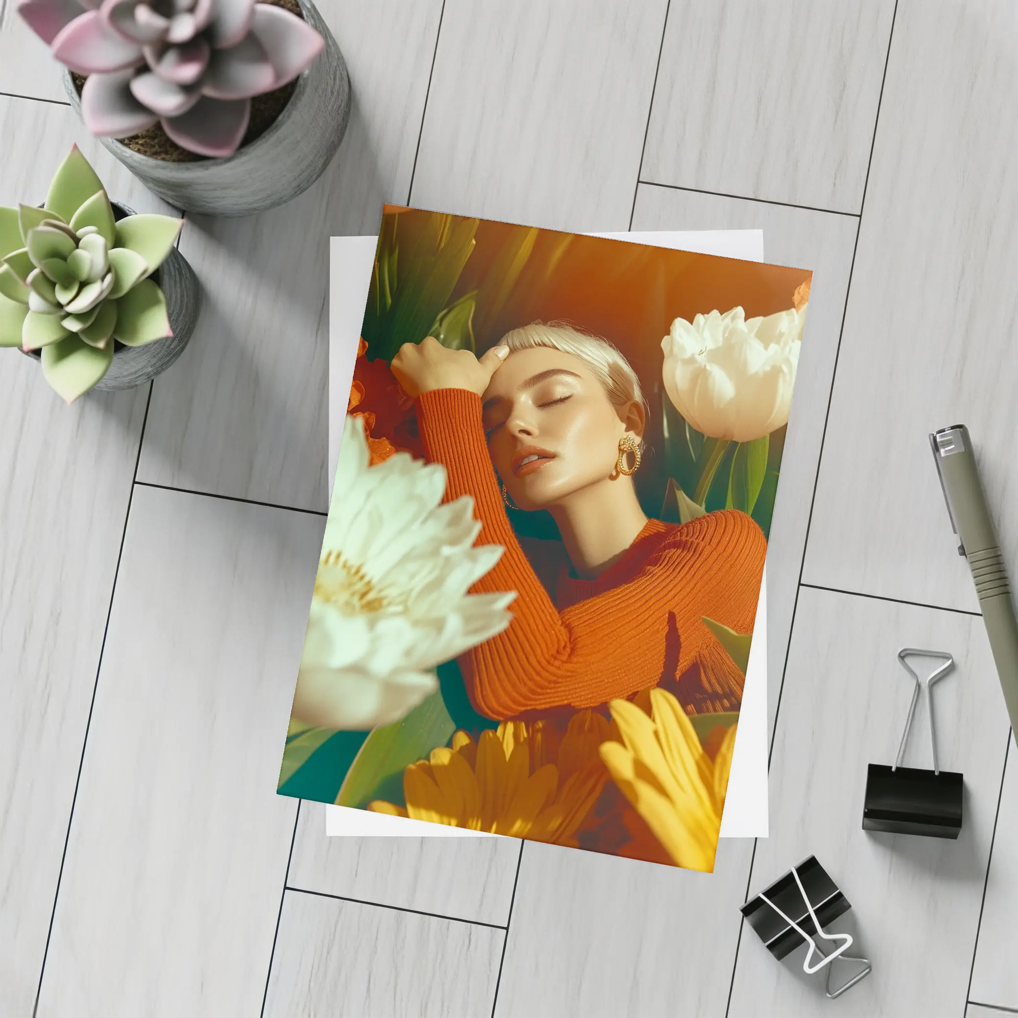 Woman Surrounded By White Yellow Flowers – Postcards