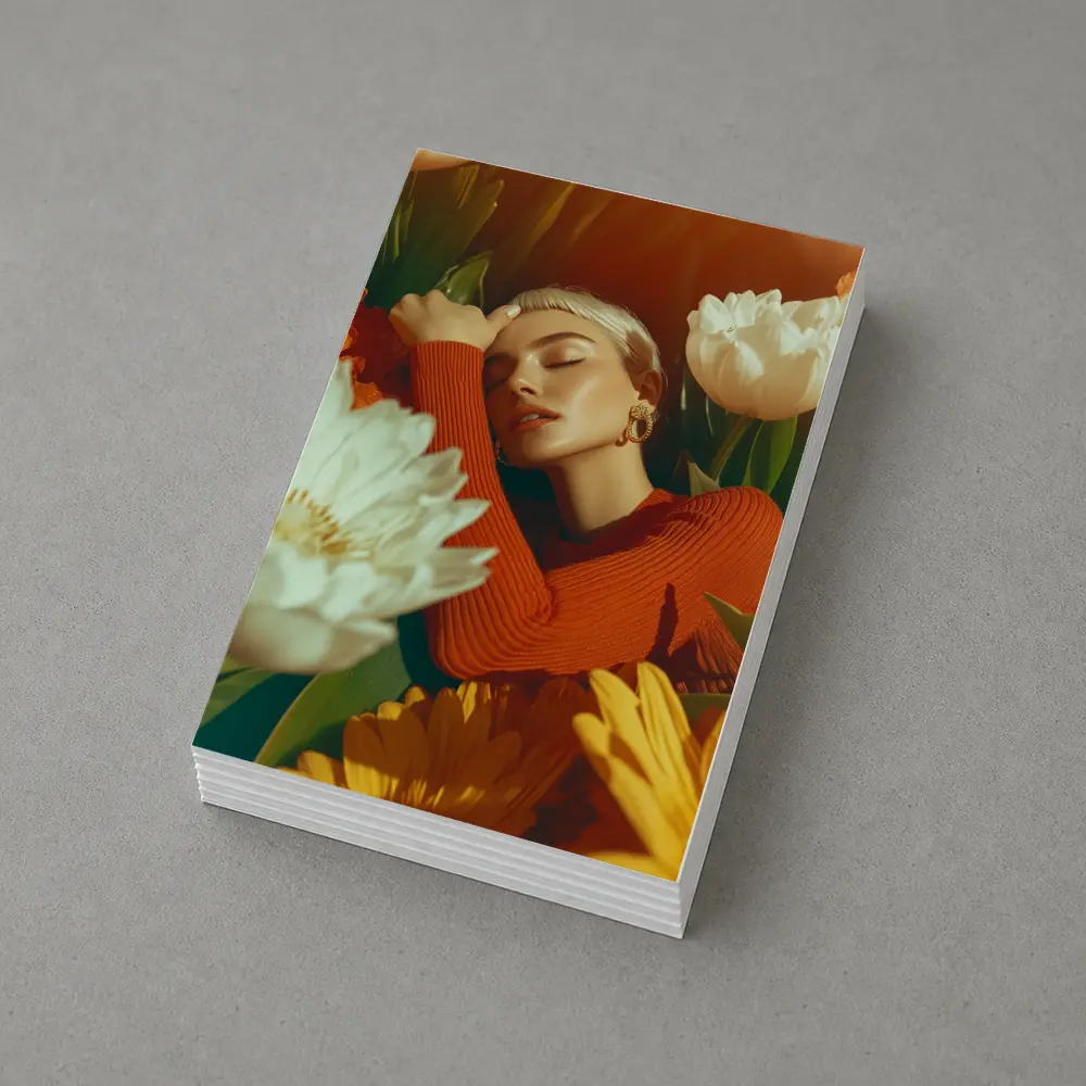 Woman Surrounded By White Yellow Flowers – Postcards