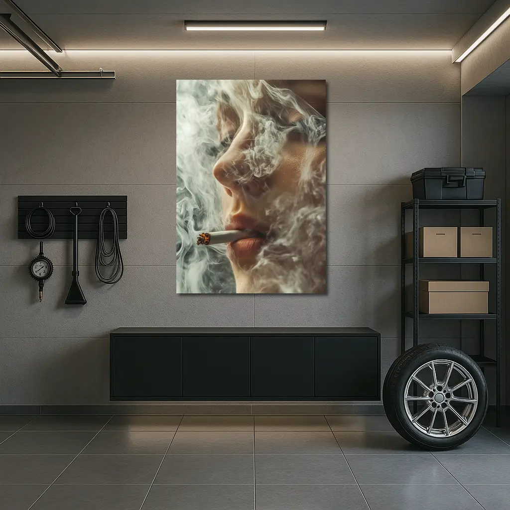 Woman Smoking Cigarette Surrounded by Smoke – Wall Art