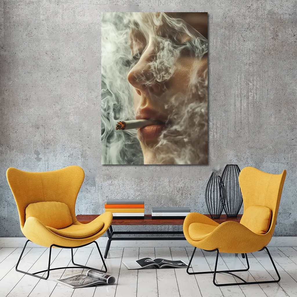 Woman Smoking Cigarette Surrounded by Smoke – Wall Art