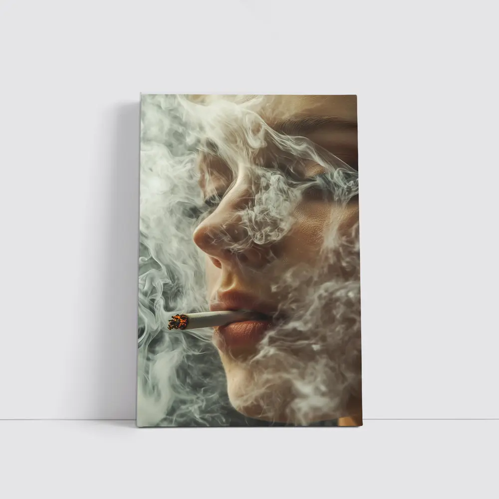 Woman Smoking Cigarette Surrounded by Smoke – Wall Art