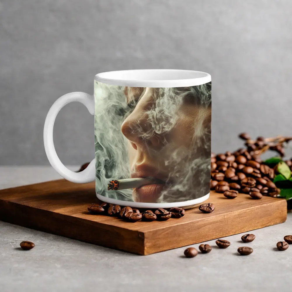 Woman Smoking Cigarette Surrounded by Smoke – Mugs