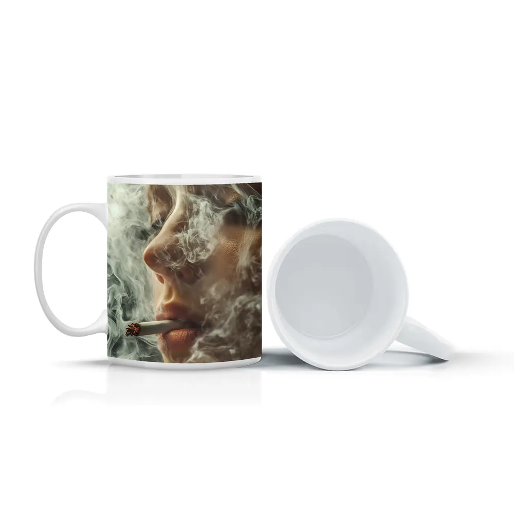 Woman Smoking Cigarette Surrounded by Smoke – Mugs
