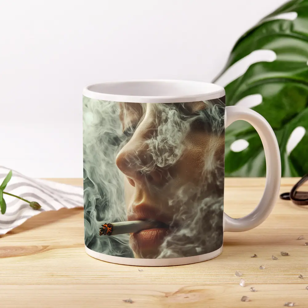 Woman Smoking Cigarette Surrounded by Smoke – Mugs