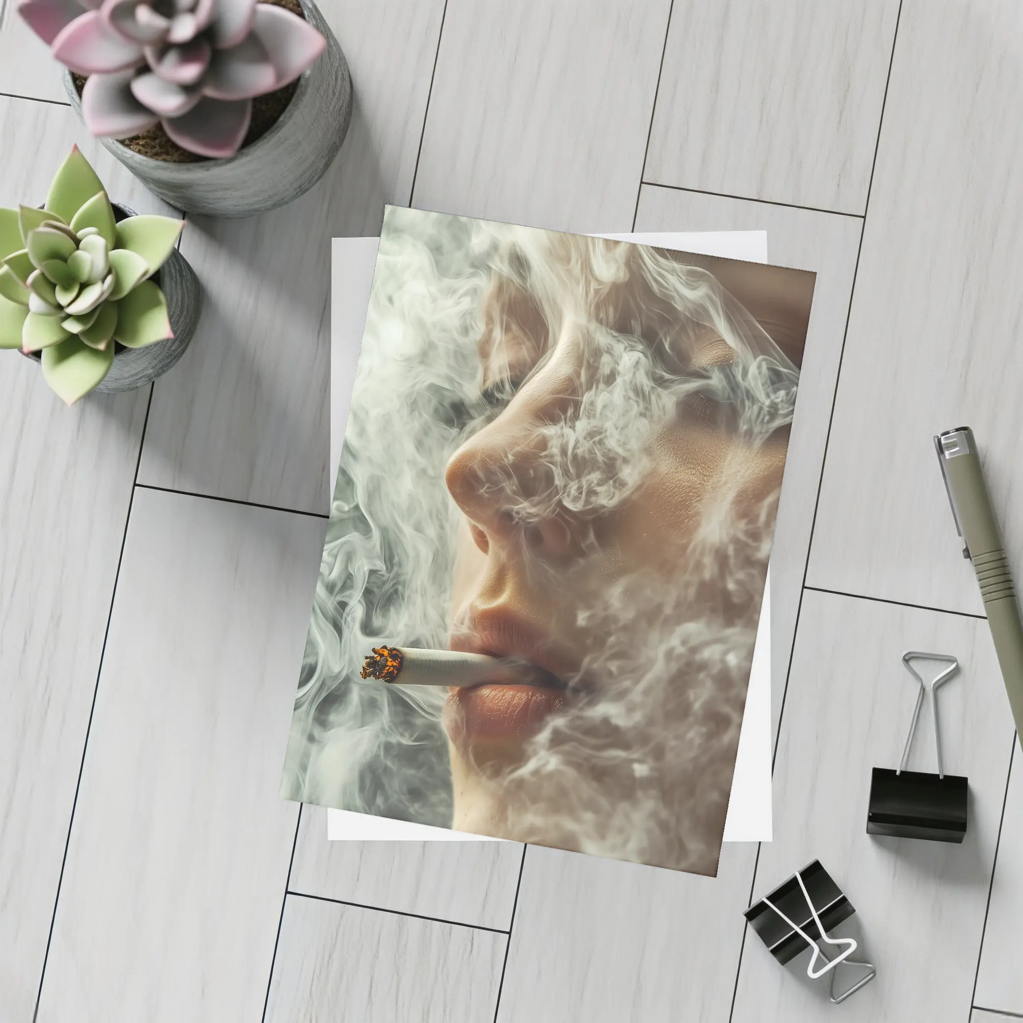 Woman Smoking Cigarette Surrounded by Smoke – Postcards