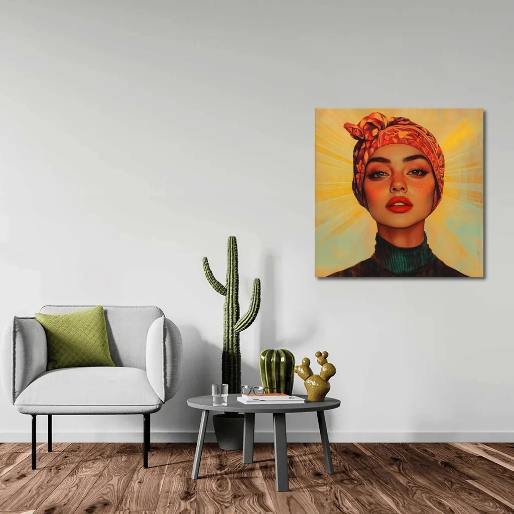 Woman Turban Portrait Warm Sunray Background – Wall Art