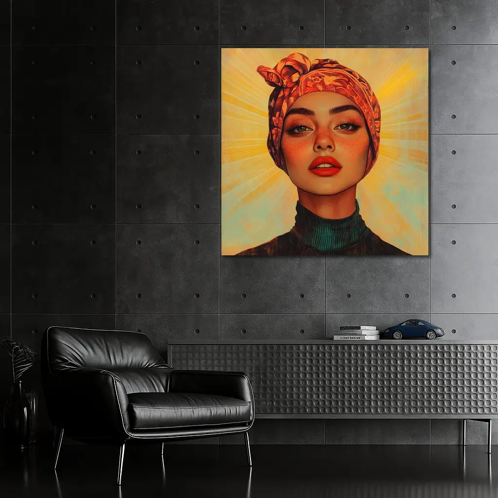 Woman Turban Portrait Warm Sunray Background – Wall Art