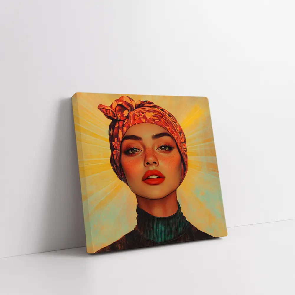 Woman Turban Portrait Warm Sunray Background – Wall Art