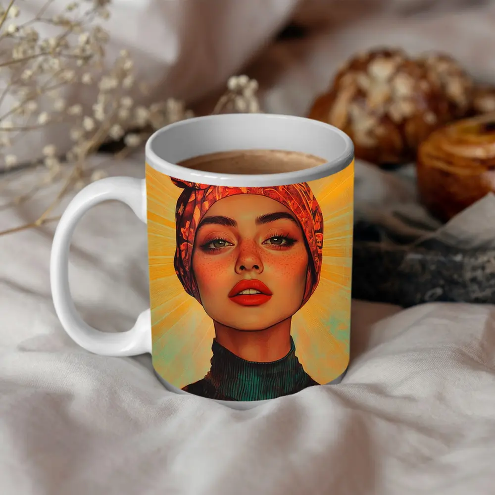 Woman Turban Portrait Warm Sunray Background – Mugs