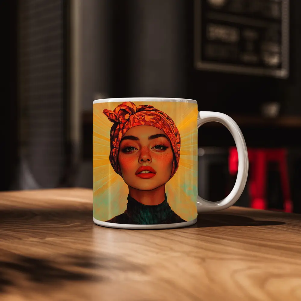 Woman Turban Portrait Warm Sunray Background – Mugs