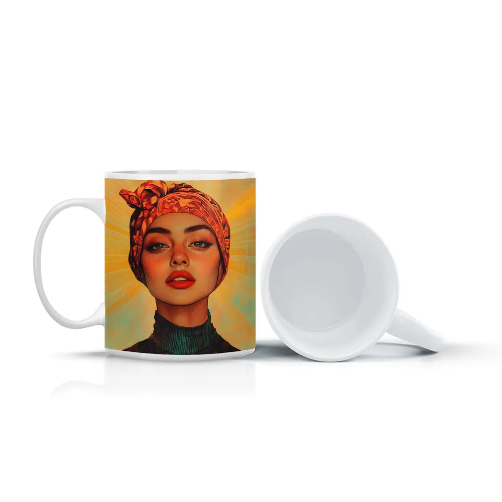 Woman Turban Portrait Warm Sunray Background – Mugs
