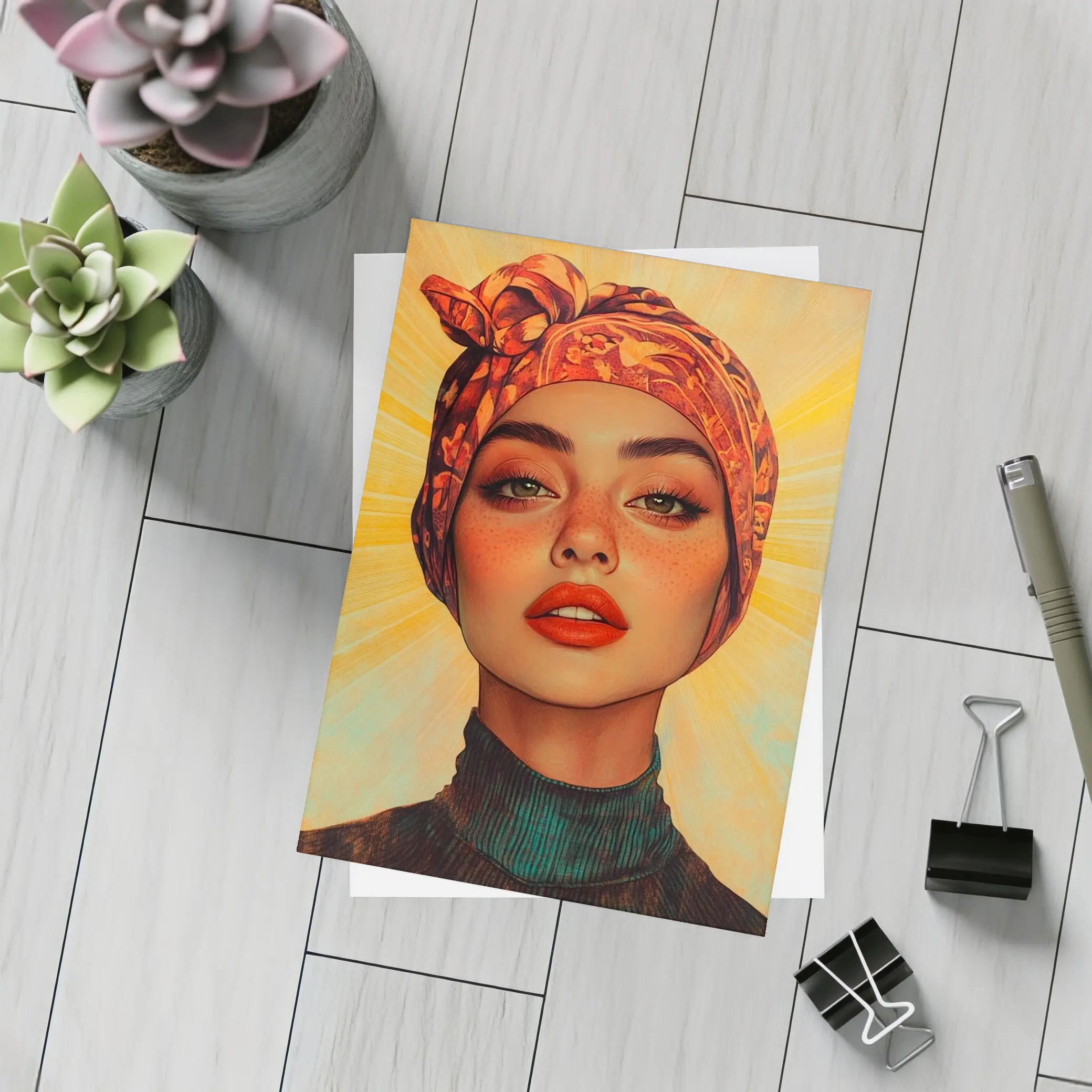 Woman Turban Portrait Warm Sunray Background – Postcards