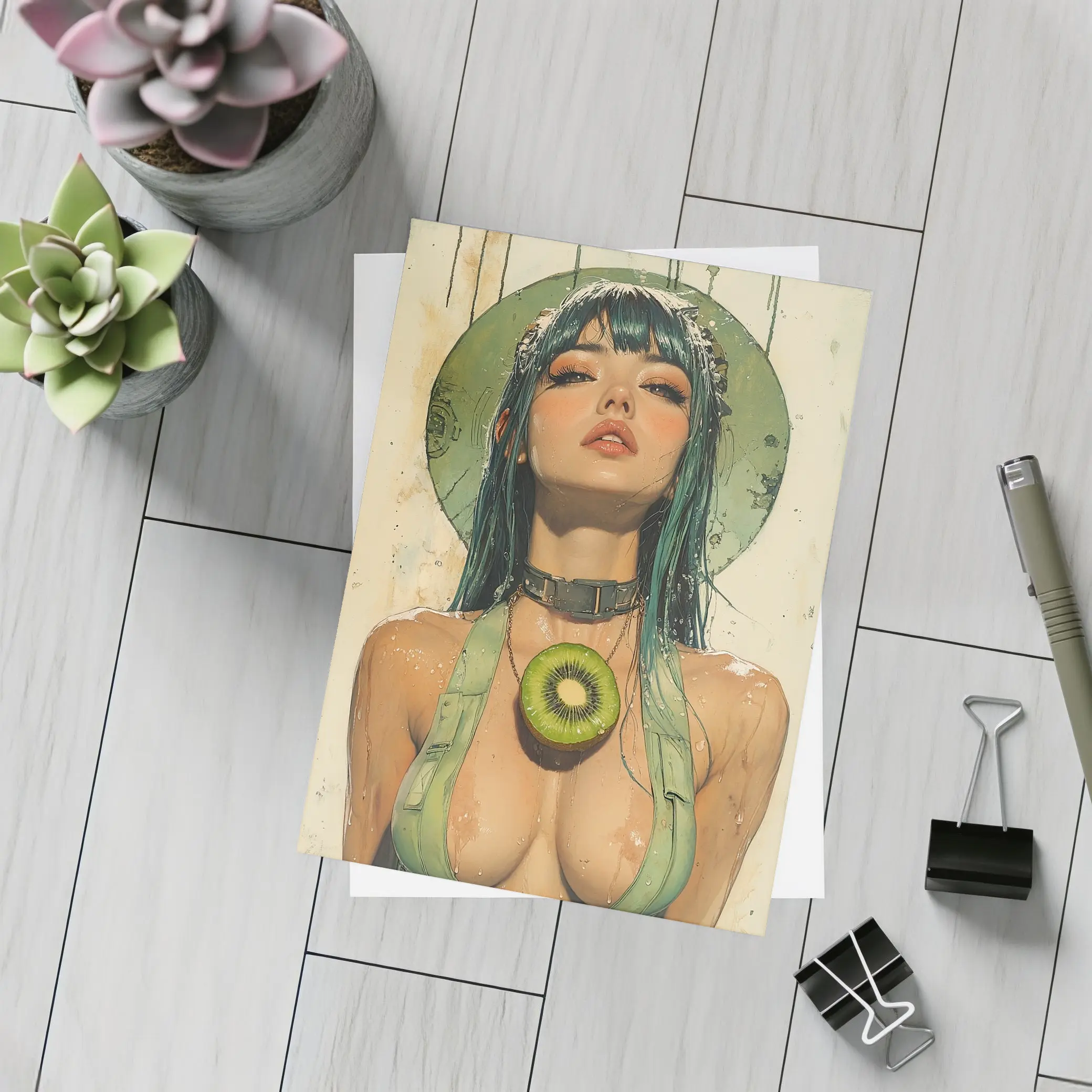 Anime Girl Teal Hair Kiwi Pop Art – Postcards