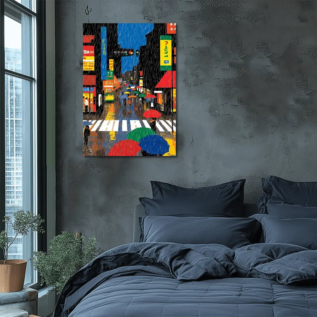 Rainy Tokyo Street Scene Colorful Umbrellas – Wall Art