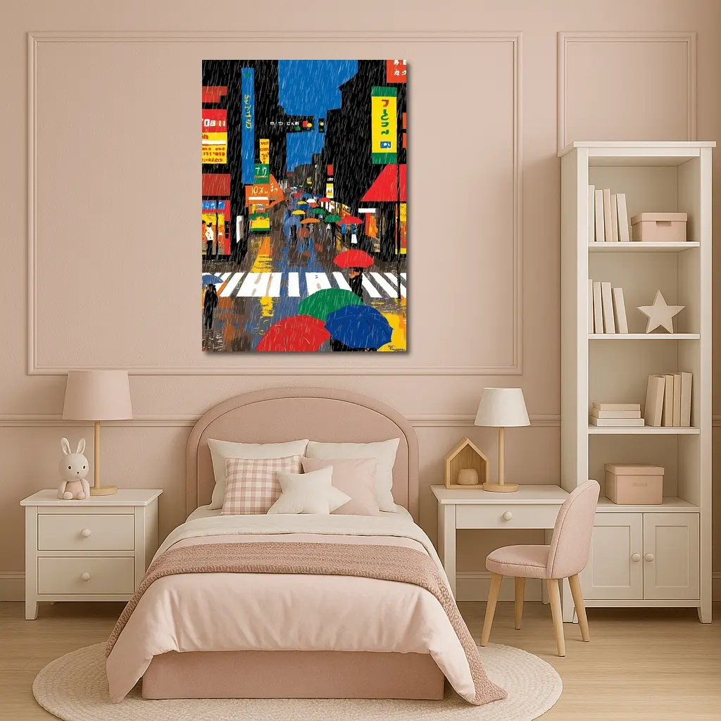 Rainy Tokyo Street Scene Colorful Umbrellas – Wall Art