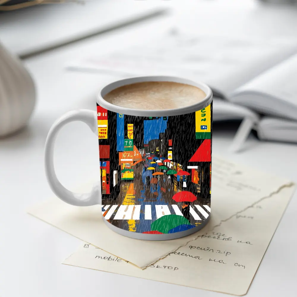 Rainy Tokyo Street Scene Colorful Umbrellas – Mugs