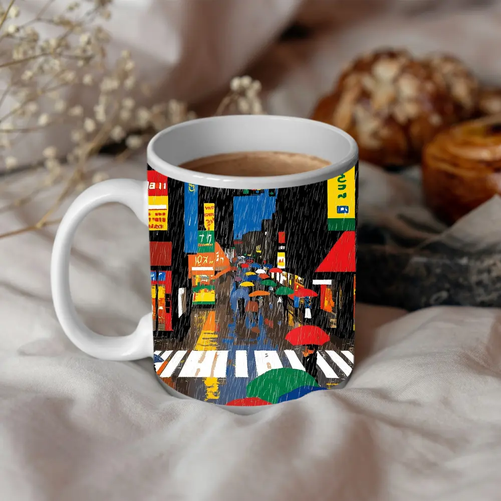 Rainy Tokyo Street Scene Colorful Umbrellas – Mugs