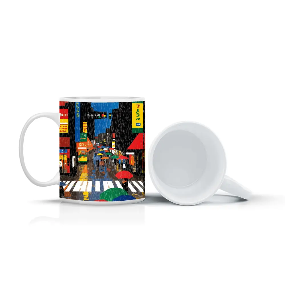 Rainy Tokyo Street Scene Colorful Umbrellas – Mugs