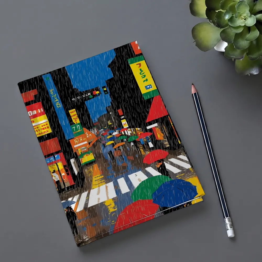Rainy Tokyo Street Scene Colorful Umbrellas – Notebooks