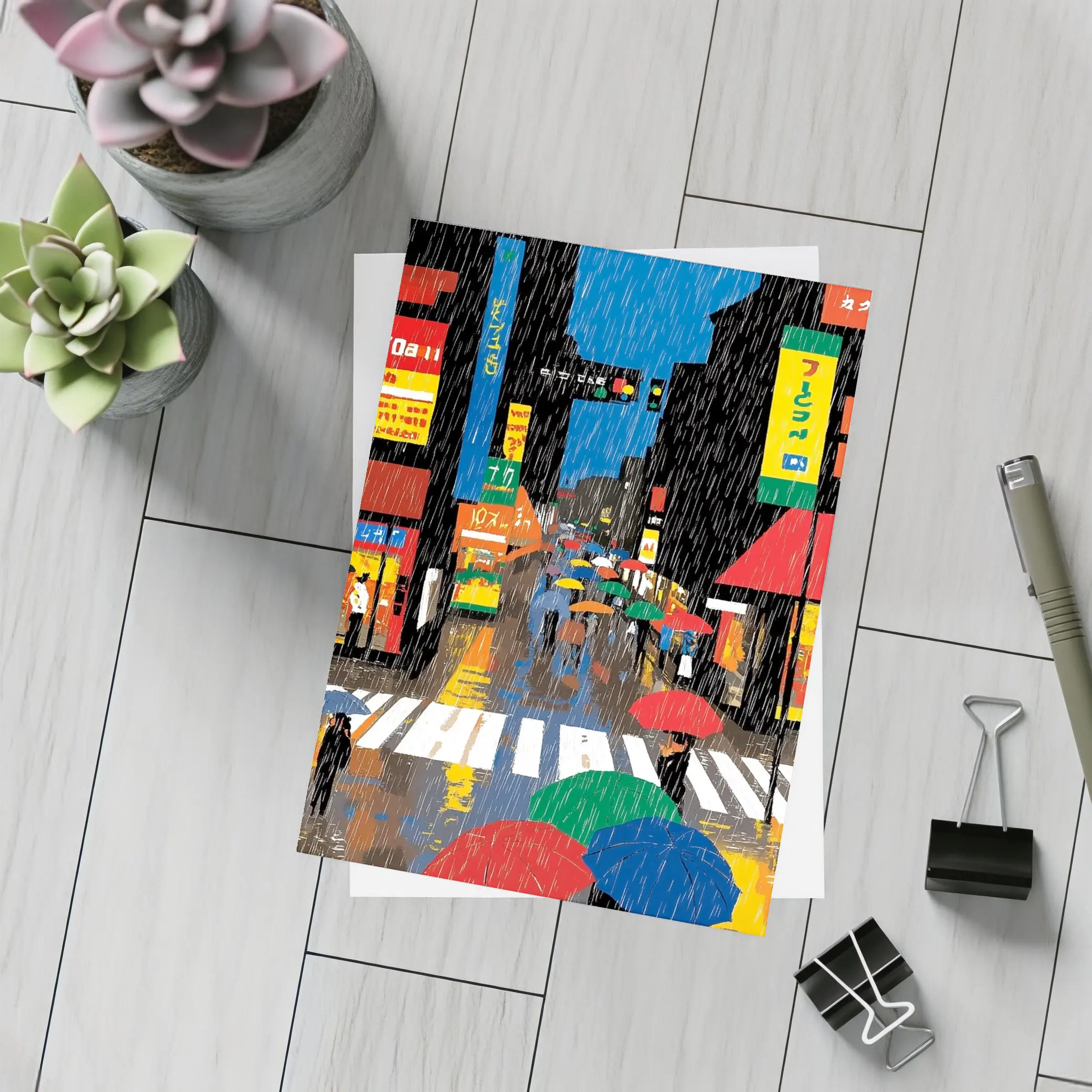 Rainy Tokyo Street Scene Colorful Umbrellas – Postcards