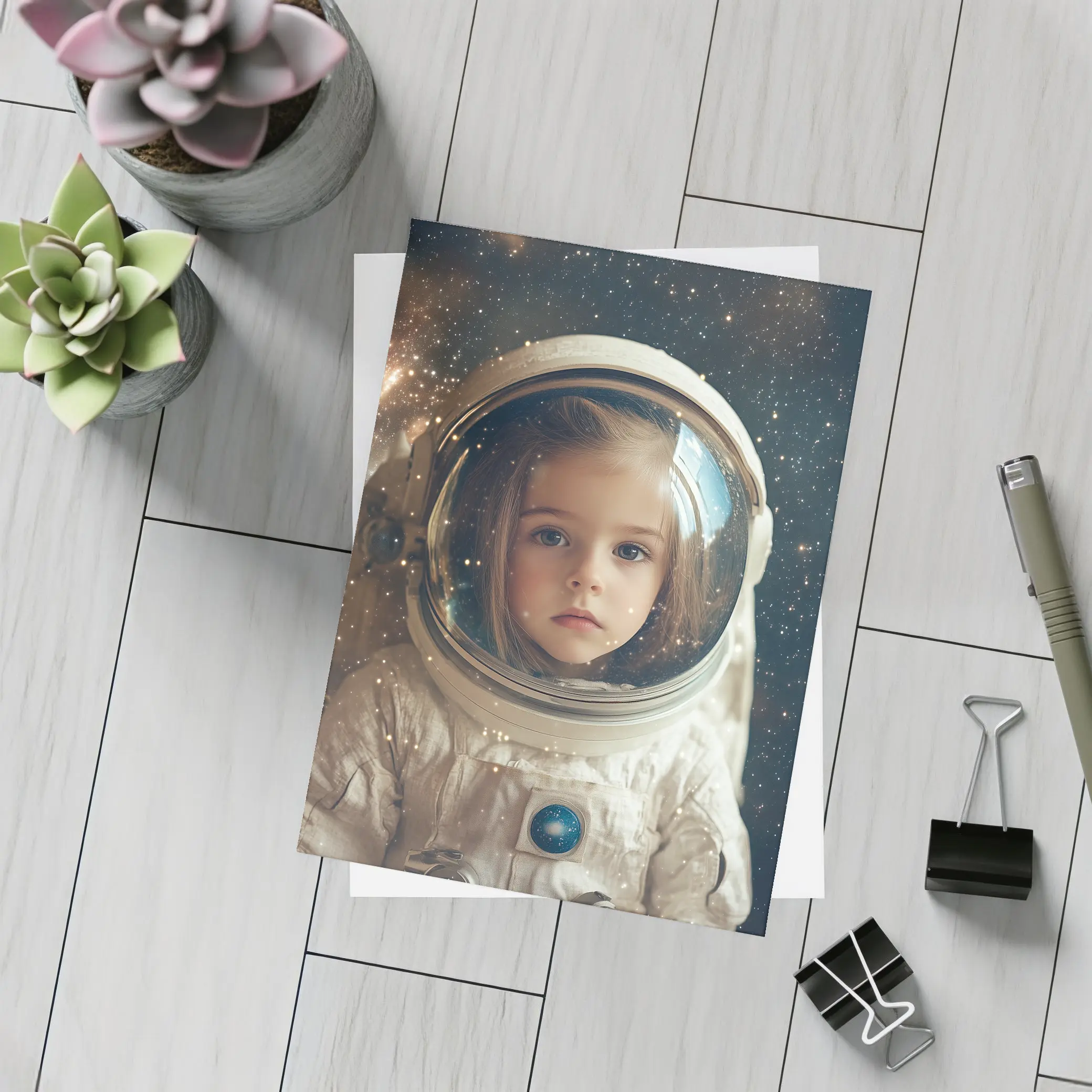 Little Girl Astronaut Stars Galaxy Portrait – Postcards