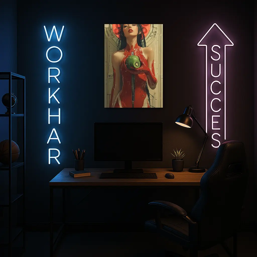 Cyberpunk Woman Red Suit Holding Fruit – Wall Art