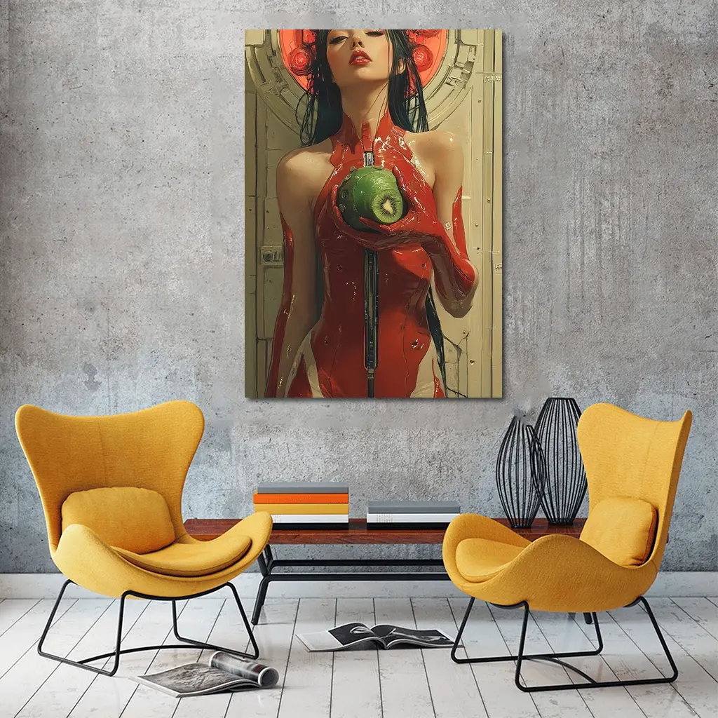 Cyberpunk Woman Red Suit Holding Fruit – Wall Art