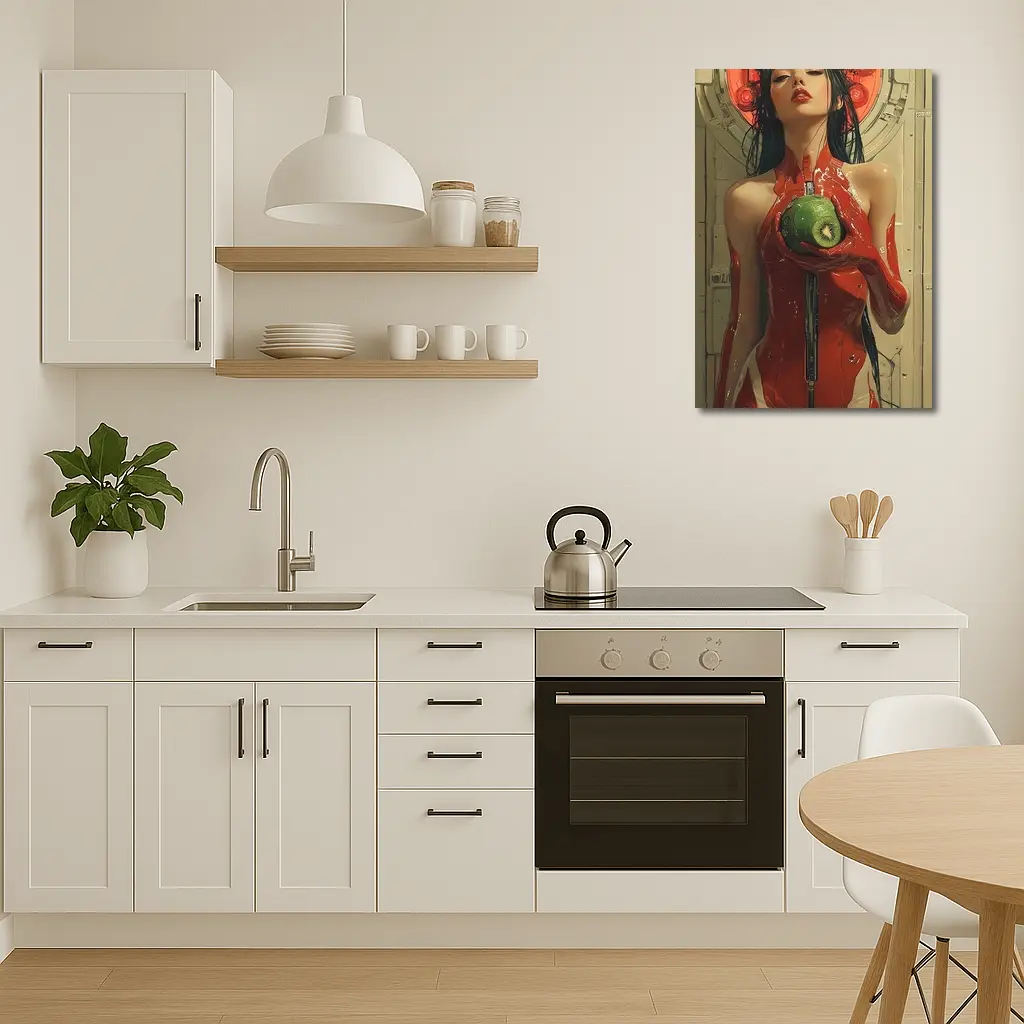 Cyberpunk Woman Red Suit Holding Fruit – Wall Art
