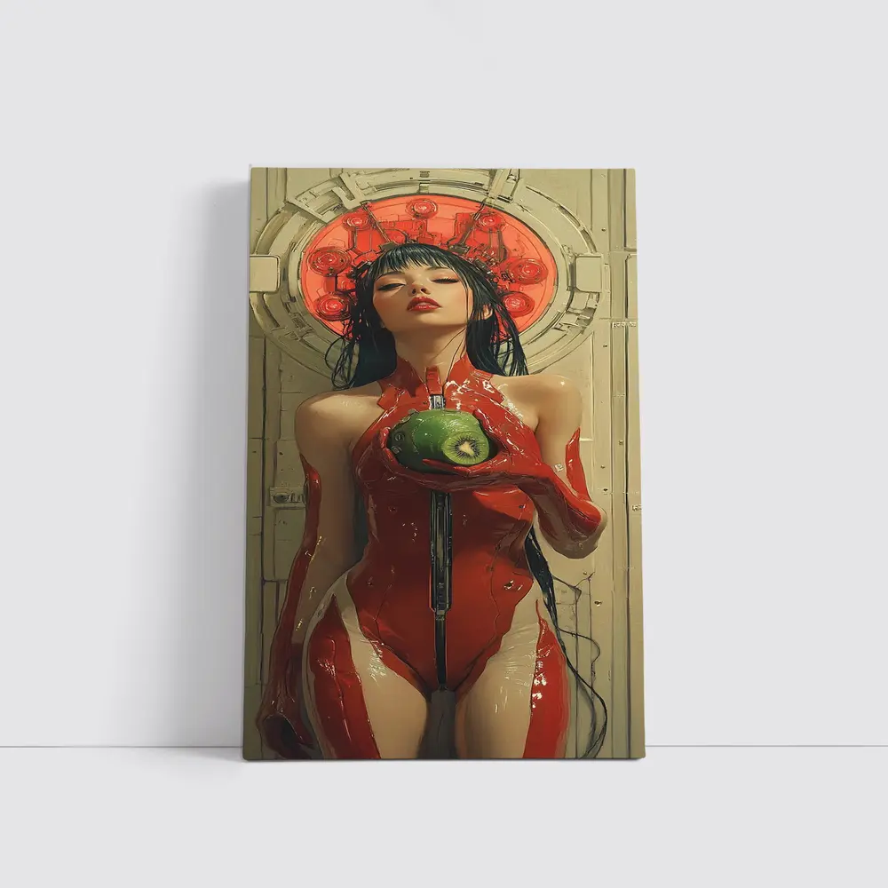 Cyberpunk Woman Red Suit Holding Fruit – Wall Art