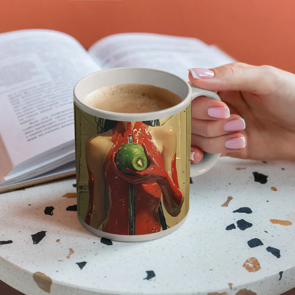 Cyberpunk Woman Red Suit Holding Fruit – Mugs