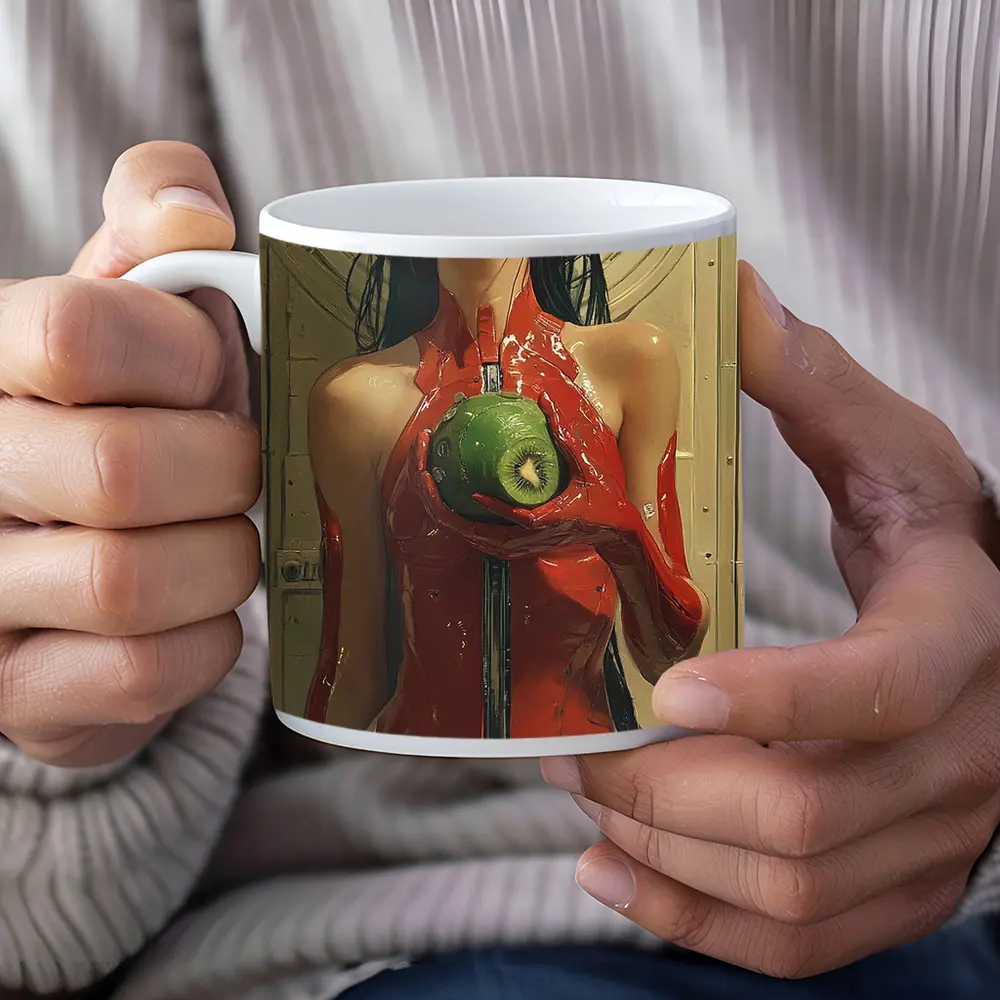 Cyberpunk Woman Red Suit Holding Fruit – Mugs